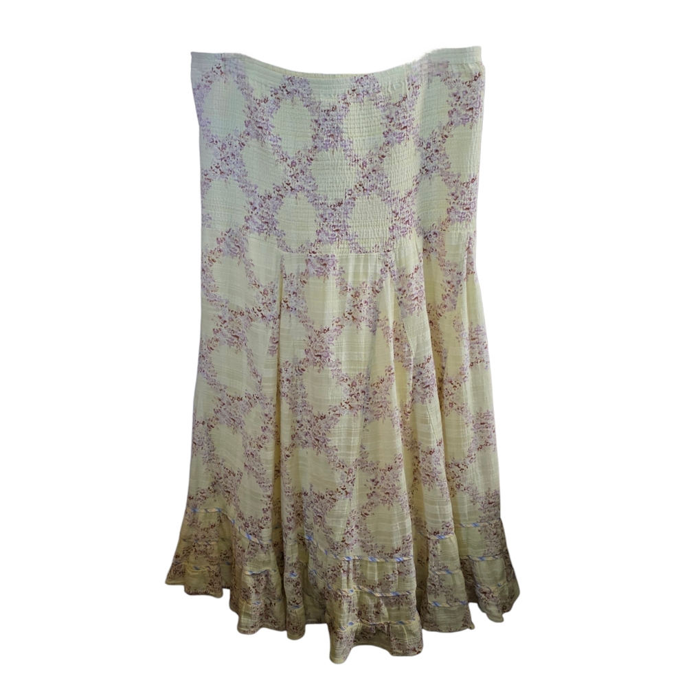 Free People Light Yellow Maxi Skirt OR Strapless Dress w/ Lavender Floral Motif